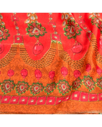 Sanskriti Vintage Red&amp; Orangesarees Poly Georgette Printed 5Yd Sari Craft Fabric, PRG-10020-Red &amp; Orange-Printed Floral Design-Poly-Georgette-7