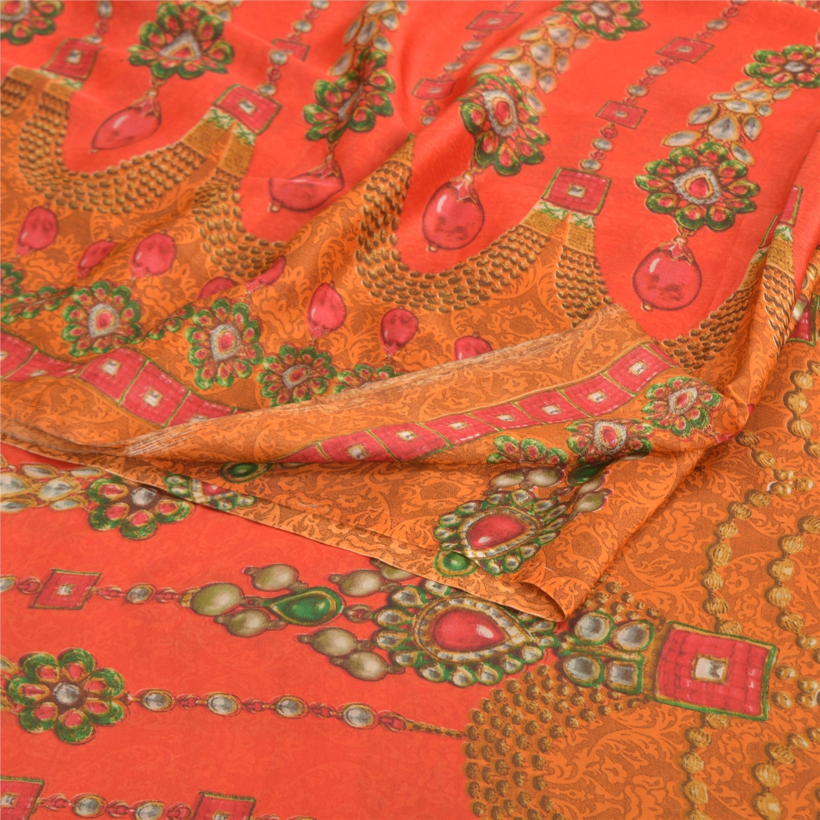 Sanskriti Vintage Red&amp; Orangesarees Poly Georgette Printed 5Yd Sari Craft Fabric, PRG-10020-Red &amp; Orange-Printed Floral Design-Poly-Georgette-8