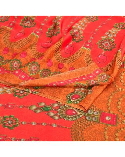Sanskriti Vintage Red&amp; Orangesarees Poly Georgette Printed 5Yd Sari Craft Fabric, PRG-10020-Red &amp; Orange-Printed Floral Design-Poly-Georgette-8