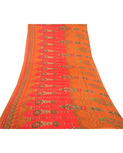 Sanskriti Vintage Red&amp; Orangesarees Poly Georgette Printed 5Yd Sari Craft Fabric, PRG-10020-Red &amp; Orange-Printed Floral Design-Poly-Georgette-9