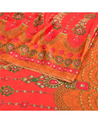Sanskriti Vintage Red&amp; Orangesarees Poly Georgette Printed 5Yd Sari Craft Fabric, PRG-10020-Red &amp; Orange-Printed Floral Design-Poly-Georgette-10