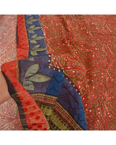 Sanskriti Vintage Orange Sarees Pure Georgette Silk Printed Sari Craft Fabric, PRG-10021-Orange-Printed Floral Design-Pure Georgette Silk-5