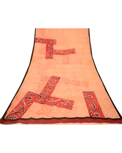 Sanskriti Vintage Peach Sarees Pure Georgette Silk Printed Sari 5Yd Craft Fabric, PRG-10038-Peach-Printed Floral Design-Pure Georgette Silk-9