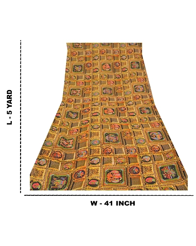 Sanskriti Vintage Yellow Sarees Blend Georgette Radha Krishna Print Sari Fabric, PRG-10067-Yellow-Printed Floral Design-Blend Georgette-3