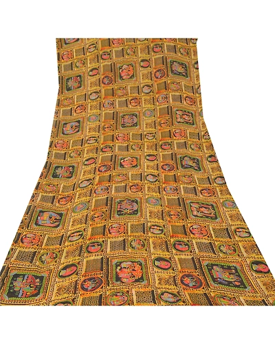 Sanskriti Vintage Yellow Sarees Blend Georgette Radha Krishna Print Sari Fabric, PRG-10067-Yellow-Printed Floral Design-Blend Georgette-8