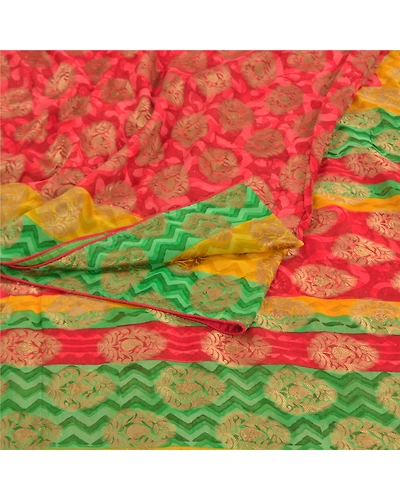 Sanskriti Vintage Red Sarees Pure Georgette Silk Golden Woven Print Sari Fabric, PRG-10069-Red-Printed Floral Design-Pure Georgette Silk-1