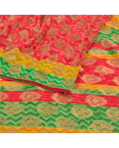Sanskriti Vintage Red Sarees Pure Georgette Silk Golden Woven Print Sari Fabric, PRG-10069-Red-Printed Floral Design-Pure Georgette Silk-2