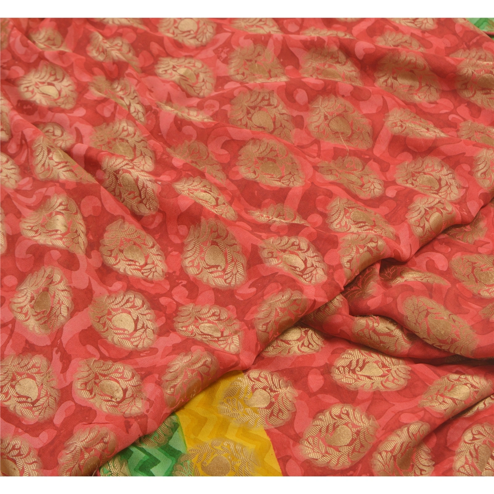 Sanskriti Vintage Red Sarees Pure Georgette Silk Golden Woven Print Sari Fabric, PRG-10069-Red-Printed Floral Design-Pure Georgette Silk-3