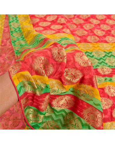 Sanskriti Vintage Red Sarees Pure Georgette Silk Golden Woven Print Sari Fabric, PRG-10069-Red-Printed Floral Design-Pure Georgette Silk-4