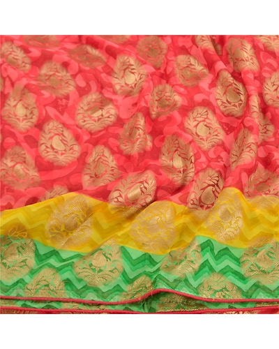 Sanskriti Vintage Red Sarees Pure Georgette Silk Golden Woven Print Sari Fabric, PRG-10069-Red-Printed Floral Design-Pure Georgette Silk-7