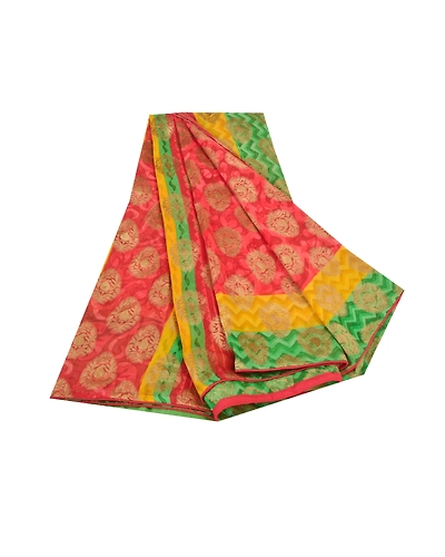Sanskriti Vintage Red Sarees Pure Georgette Silk Golden Woven Print Sari Fabric, PRG-10069-Red-Printed Floral Design-Pure Georgette Silk-8