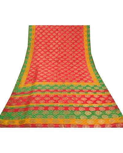 Sanskriti Vintage Red Sarees Pure Georgette Silk Golden Woven Print Sari Fabric, PRG-10069-Red-Printed Floral Design-Pure Georgette Silk-9