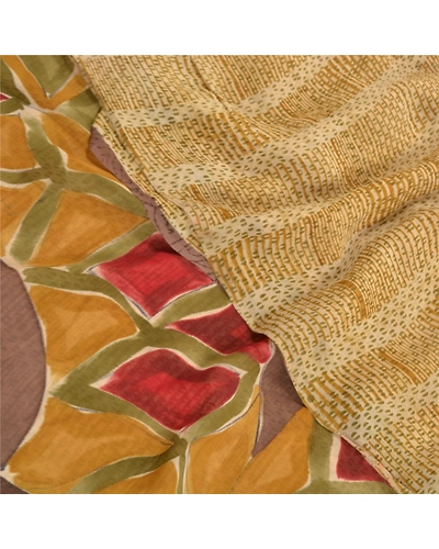 Sanskriti Vintage Beige Sarees Pure Georgette Silk Printed Sari Craft Fabric, PRG-10091-Beige-Printed Design-Pure Georgette Silk-1