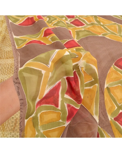 Sanskriti Vintage Beige Sarees Pure Georgette Silk Printed Sari Craft Fabric, PRG-10091-Beige-Printed Design-Pure Georgette Silk-4