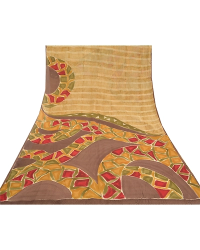 Sanskriti Vintage Beige Sarees Pure Georgette Silk Printed Sari Craft Fabric, PRG-10091-Beige-Printed Design-Pure Georgette Silk-8