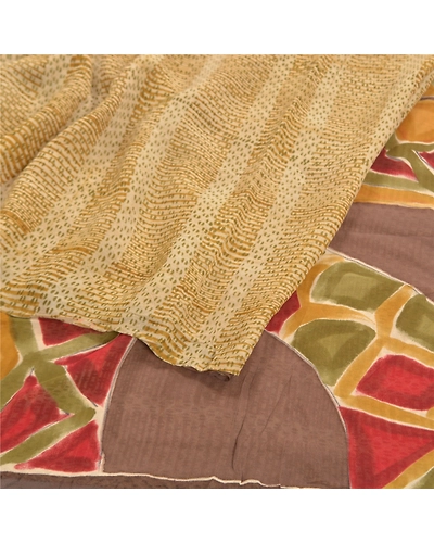Sanskriti Vintage Beige Sarees Pure Georgette Silk Printed Sari Craft Fabric, PRG-10091-Beige-Printed Design-Pure Georgette Silk-9