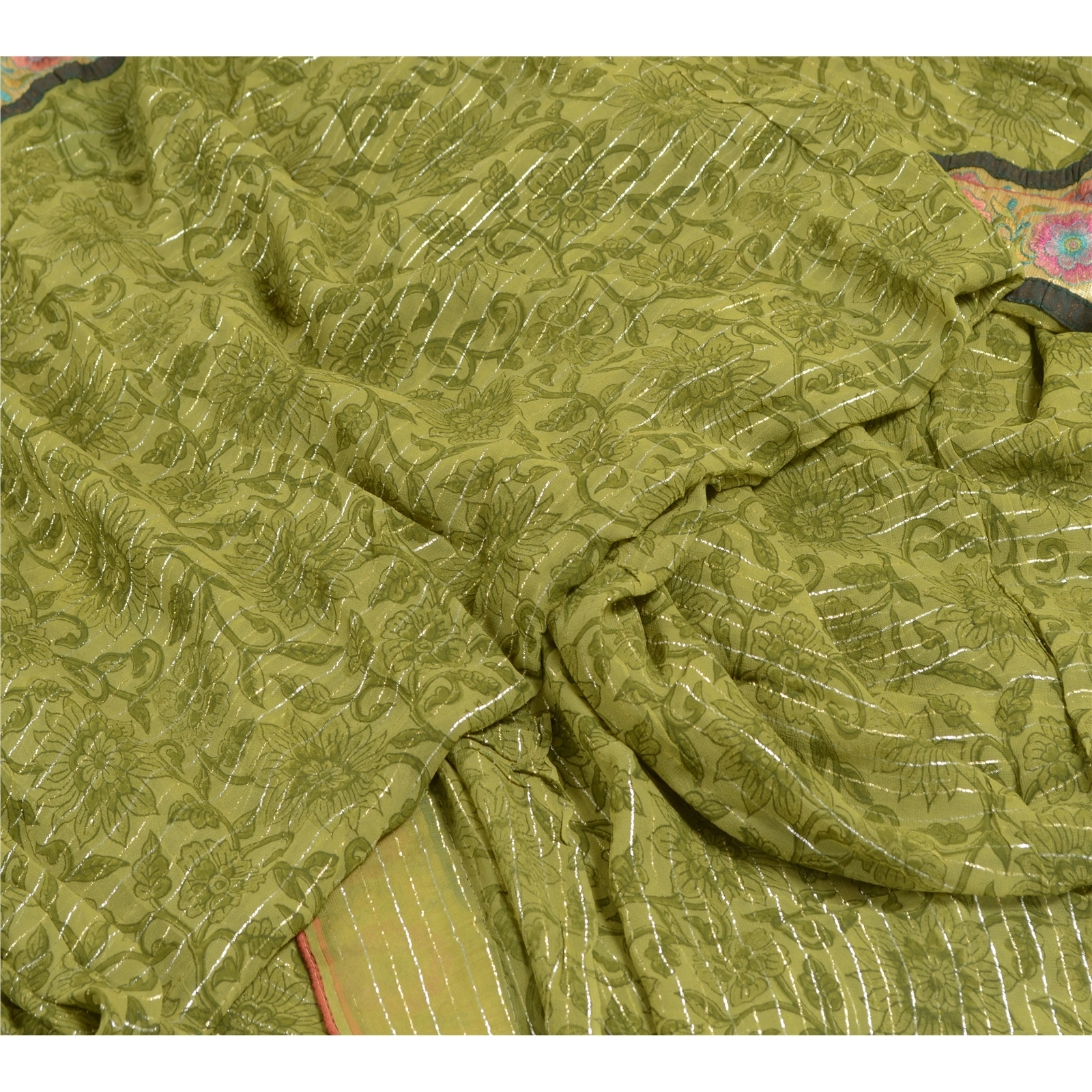 Sanskriti Vintage Green Sarees Blend Georgette Printed Woven Sari Craft Fabric, PRG-10108-Green-Printed Floral Design-Blend Georgette-3