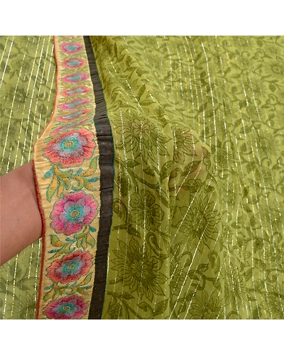 Sanskriti Vintage Green Sarees Blend Georgette Printed Woven Sari Craft Fabric, PRG-10108-Green-Printed Floral Design-Blend Georgette-5