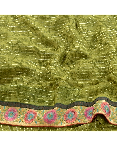 Sanskriti Vintage Green Sarees Blend Georgette Printed Woven Sari Craft Fabric, PRG-10108-Green-Printed Floral Design-Blend Georgette-7