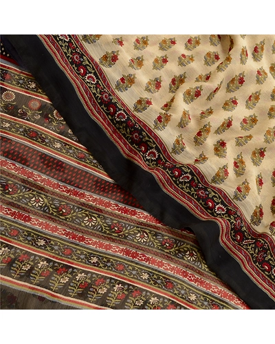 Sanskriti Vintage Ivory Sarees Poly Chiffon Printed Sari 5Yd Soft Craft Fabric, PRG-10127-Ivory-Printed Floral Design-Poly Chiffon-1