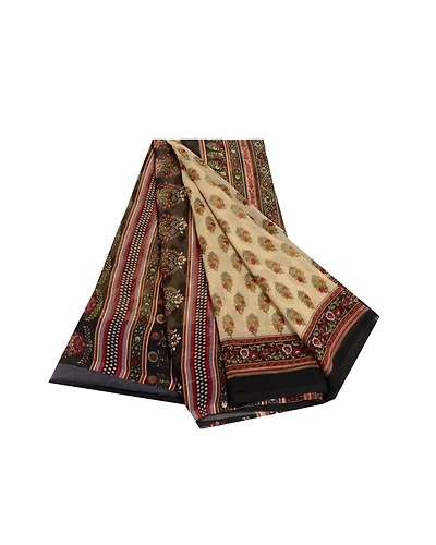Sanskriti Vintage Ivory Sarees Poly Chiffon Printed Sari 5Yd Soft Craft Fabric, PRG-10127-Ivory-Printed Floral Design-Poly Chiffon-2