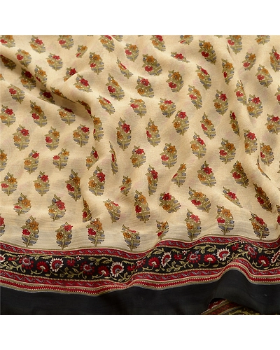 Sanskriti Vintage Ivory Sarees Poly Chiffon Printed Sari 5Yd Soft Craft Fabric, PRG-10127-Ivory-Printed Floral Design-Poly Chiffon-6