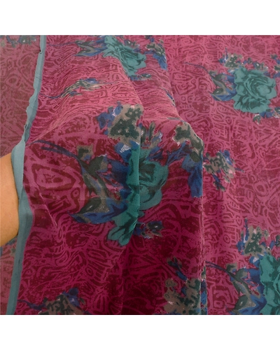Sanskriti Vintage Purple Sarees Pure Georgette Silk Printed Sari Craft Fabric, PRG-10153-Purple-Printed Floral Design-Pure Georgette Silk-4