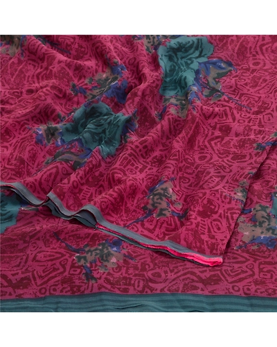 Sanskriti Vintage Purple Sarees Pure Georgette Silk Printed Sari Craft Fabric, PRG-10153-Purple-Printed Floral Design-Pure Georgette Silk-9