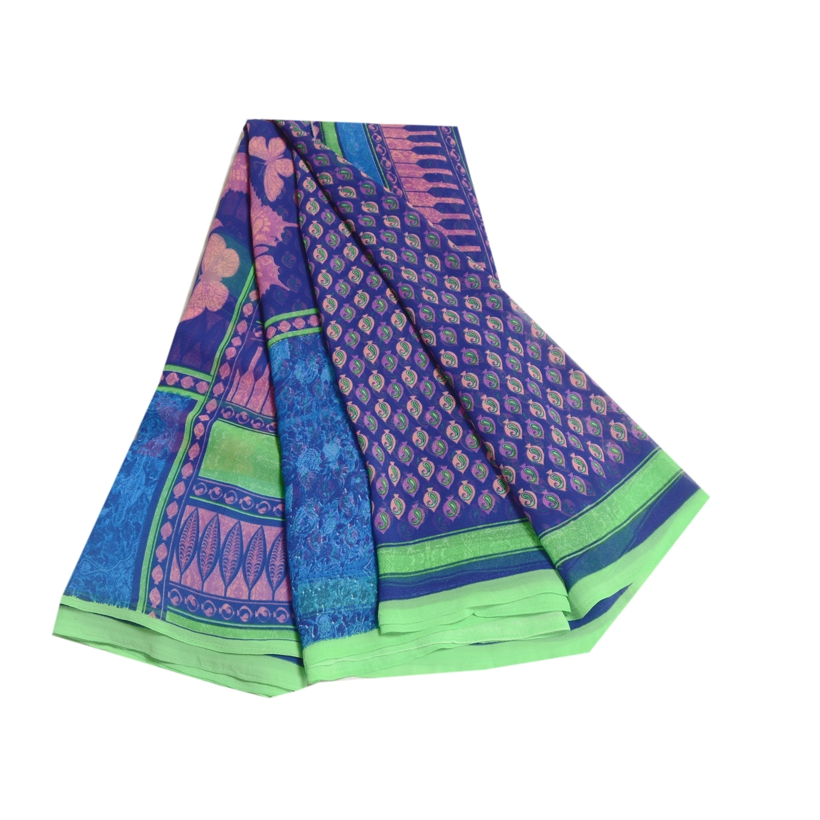 Sanskriti Vintage Blue Sarees Poly Georgette Printed Sari 5Yd Decor Craft Fabric, PRG-10155-Blue-Printed Floral Design-Poly Georgette-2