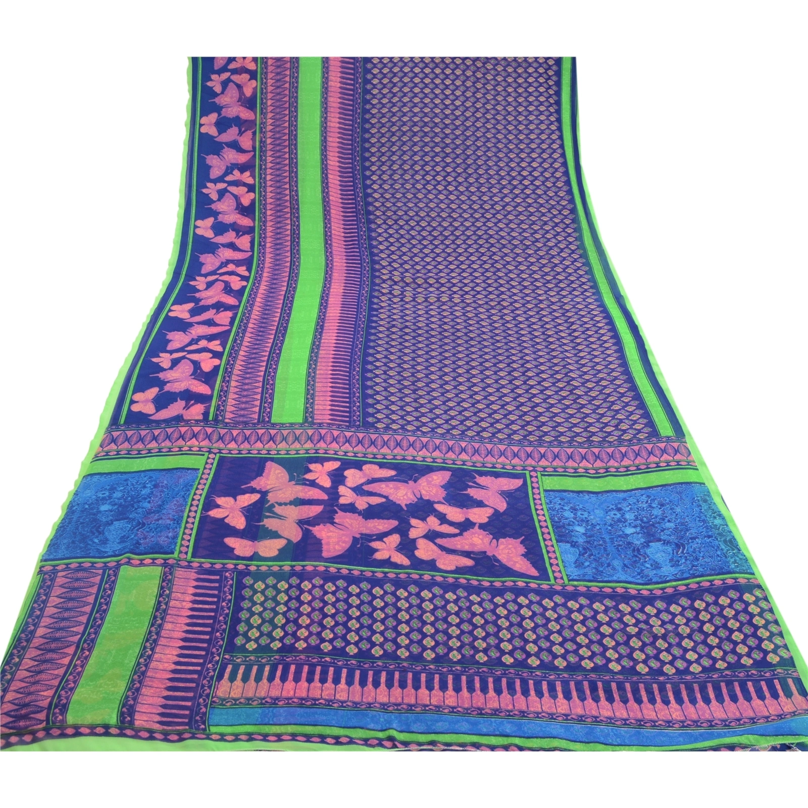 Sanskriti Vintage Blue Sarees Poly Georgette Printed Sari 5Yd Decor Craft Fabric, PRG-10155-Blue-Printed Floral Design-Poly Georgette-8