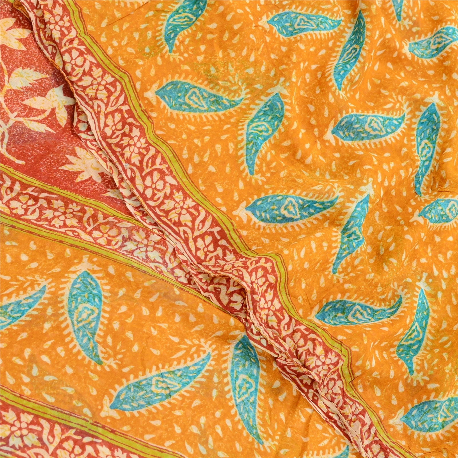 Sanskriti Vintage Saffron Sarees Pure Georgette Silk Printed Sari Craft Fabric, PRG-10156-Saffron-Printed Floral Design-Pure Georgette Silk-1