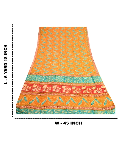 Sanskriti Vintage Saffron Sarees Pure Georgette Silk Printed Sari Craft Fabric, PRG-10156-Saffron-Printed Floral Design-Pure Georgette Silk-3