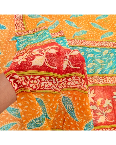 Sanskriti Vintage Saffron Sarees Pure Georgette Silk Printed Sari Craft Fabric, PRG-10156-Saffron-Printed Floral Design-Pure Georgette Silk-4