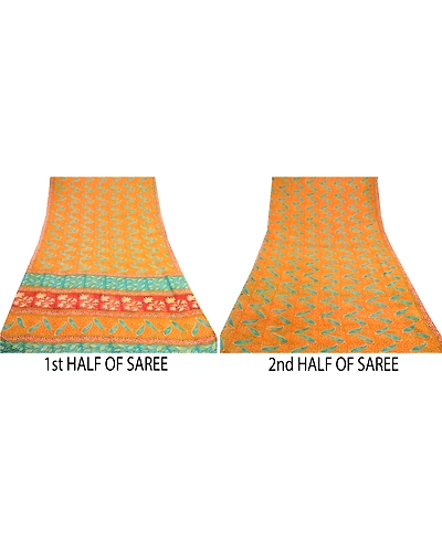 Sanskriti Vintage Saffron Sarees Pure Georgette Silk Printed Sari Craft Fabric, PRG-10156-Saffron-Printed Floral Design-Pure Georgette Silk-5
