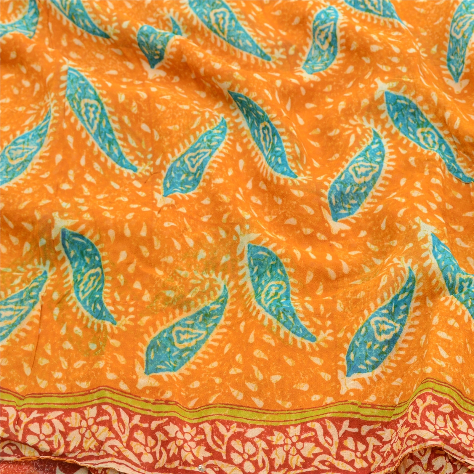 Sanskriti Vintage Saffron Sarees Pure Georgette Silk Printed Sari Craft Fabric, PRG-10156-Saffron-Printed Floral Design-Pure Georgette Silk-6