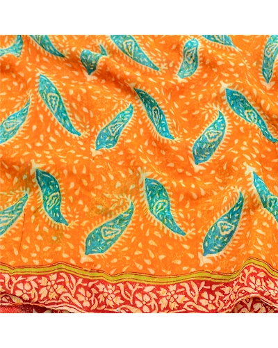 Sanskriti Vintage Saffron Sarees Pure Georgette Silk Printed Sari Craft Fabric, PRG-10156-Saffron-Printed Floral Design-Pure Georgette Silk-6