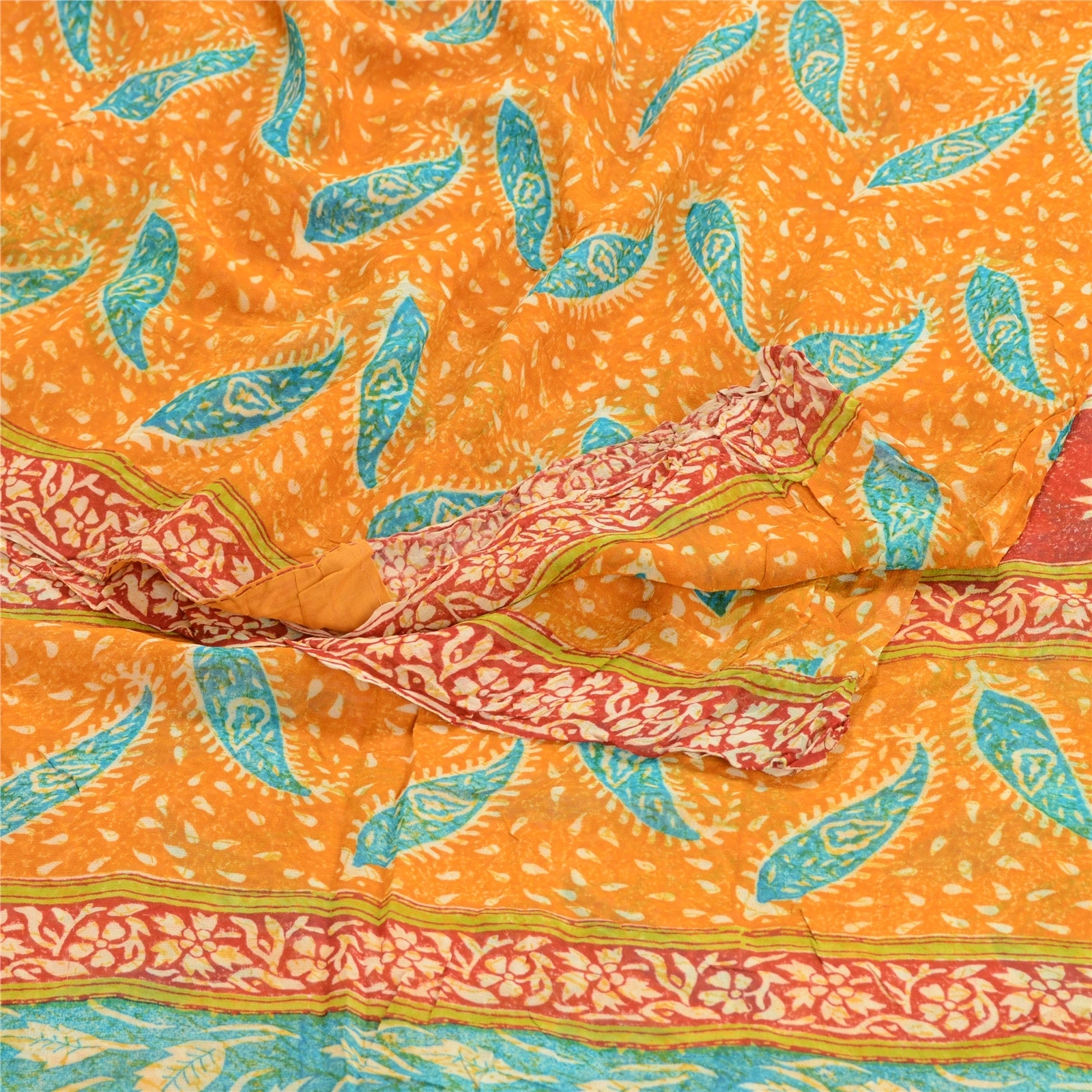 Sanskriti Vintage Saffron Sarees Pure Georgette Silk Printed Sari Craft Fabric, PRG-10156-Saffron-Printed Floral Design-Pure Georgette Silk-7