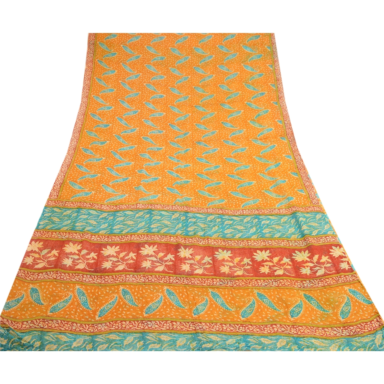 Sanskriti Vintage Saffron Sarees Pure Georgette Silk Printed Sari Craft Fabric, PRG-10156-Saffron-Printed Floral Design-Pure Georgette Silk-8