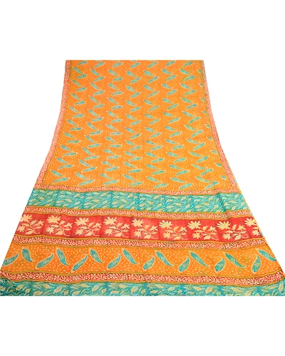 Sanskriti Vintage Saffron Sarees Pure Georgette Silk Printed Sari Craft Fabric, PRG-10156-Saffron-Printed Floral Design-Pure Georgette Silk-8