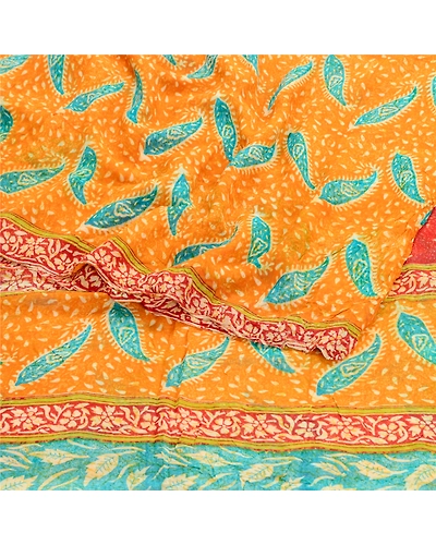 Sanskriti Vintage Saffron Sarees Pure Georgette Silk Printed Sari Craft Fabric, PRG-10156-Saffron-Printed Floral Design-Pure Georgette Silk-9