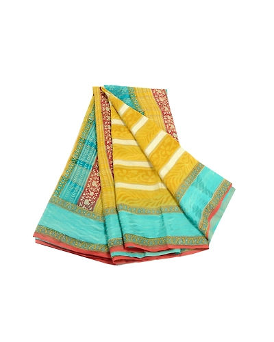 Sanskriti Vintage Mustard Green Sarees Pure Georgette Silk Printed Sari Fabric, PRG-10163-Mulstard Green-Printed Floral Design-Pure Georgette Silk-2