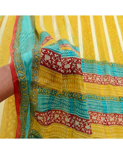 Sanskriti Vintage Mustard Green Sarees Pure Georgette Silk Printed Sari Fabric, PRG-10163-Mulstard Green-Printed Floral Design-Pure Georgette Silk-4