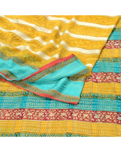 Sanskriti Vintage Mustard Green Sarees Pure Georgette Silk Printed Sari Fabric, PRG-10163-Mulstard Green-Printed Floral Design-Pure Georgette Silk-7