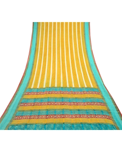 Sanskriti Vintage Mustard Green Sarees Pure Georgette Silk Printed Sari Fabric, PRG-10163-Mulstard Green-Printed Floral Design-Pure Georgette Silk-8