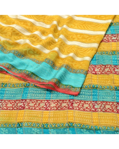 Sanskriti Vintage Mustard Green Sarees Pure Georgette Silk Printed Sari Fabric, PRG-10163-Mulstard Green-Printed Floral Design-Pure Georgette Silk-9