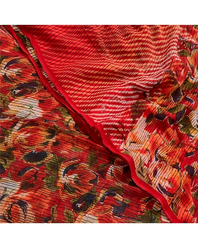 Sanskriti Vintage Red Printed Sarees Pure Chiffon Silk Sari 5Yd Craft Fabric, PRG-10193-Red-Printed Floral Design-Pure Chiffon Silk-1