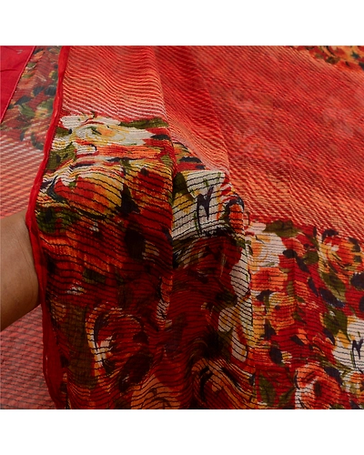 Sanskriti Vintage Red Printed Sarees Pure Chiffon Silk Sari 5Yd Craft Fabric, PRG-10193-Red-Printed Floral Design-Pure Chiffon Silk-4