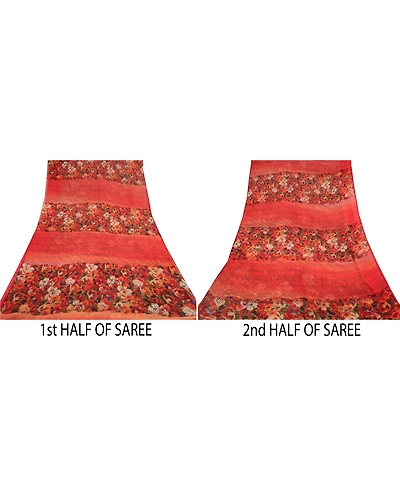 Sanskriti Vintage Red Printed Sarees Pure Chiffon Silk Sari 5Yd Craft Fabric, PRG-10193-Red-Printed Floral Design-Pure Chiffon Silk-5