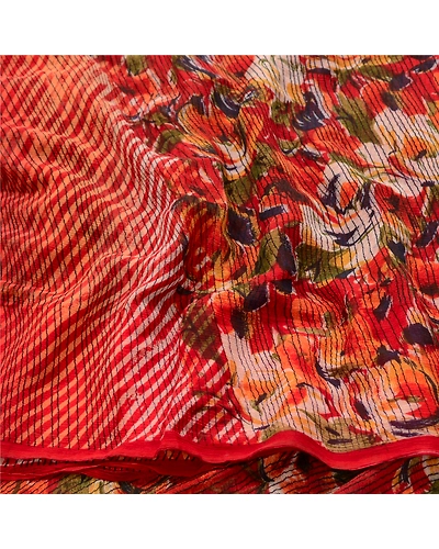 Sanskriti Vintage Red Printed Sarees Pure Chiffon Silk Sari 5Yd Craft Fabric, PRG-10193-Red-Printed Floral Design-Pure Chiffon Silk-6