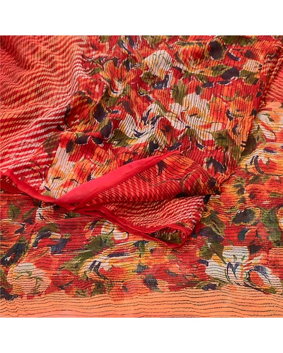 Sanskriti Vintage Red Printed Sarees Pure Chiffon Silk Sari 5Yd Craft Fabric, PRG-10193-Red-Printed Floral Design-Pure Chiffon Silk-7